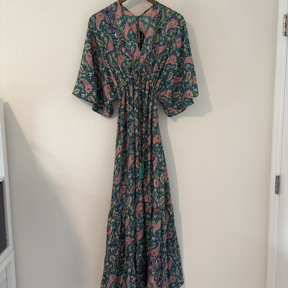 Double Decker Women's Paisley Silk Blend Bohemian Maxi Dress Boho L/XL